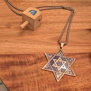 Silver and Blue Star of David Necklace